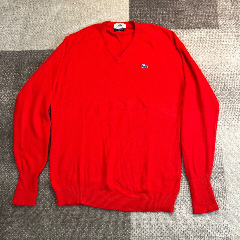 Vintage Izod Lacoste Mens Red V-Neck Sweater Acrylic Knit Large Hong Kong 70s
